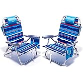 SUNNYFEEL Beach Chairs for Adults 2 Pack 5 Position Lay Flat, Portable Folding Backpack Beach Chair Heavy Duty with Cooler Bag, Cup Holder for Outdoor/Lawn/Picnic, Foldable Camping Chair