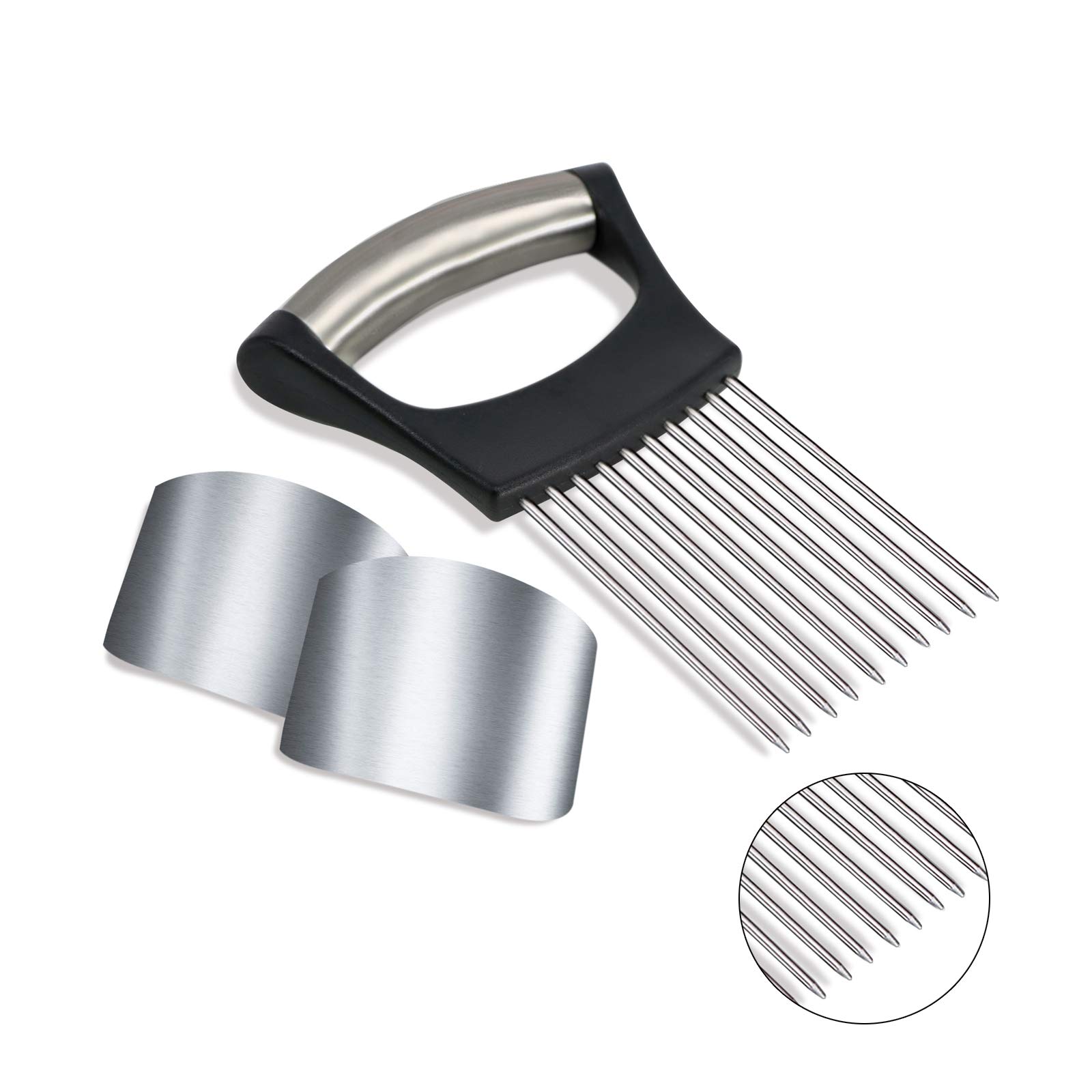 1PCS Onion Slicer Holder + 2PCS Onion Holder for Slicing Finger Guards - Stainless Steel Vegetable Holder Slicer for Onions, Tomatoes, Lemons, Meat - Onion Cutting Tool and Kitchen Gadget