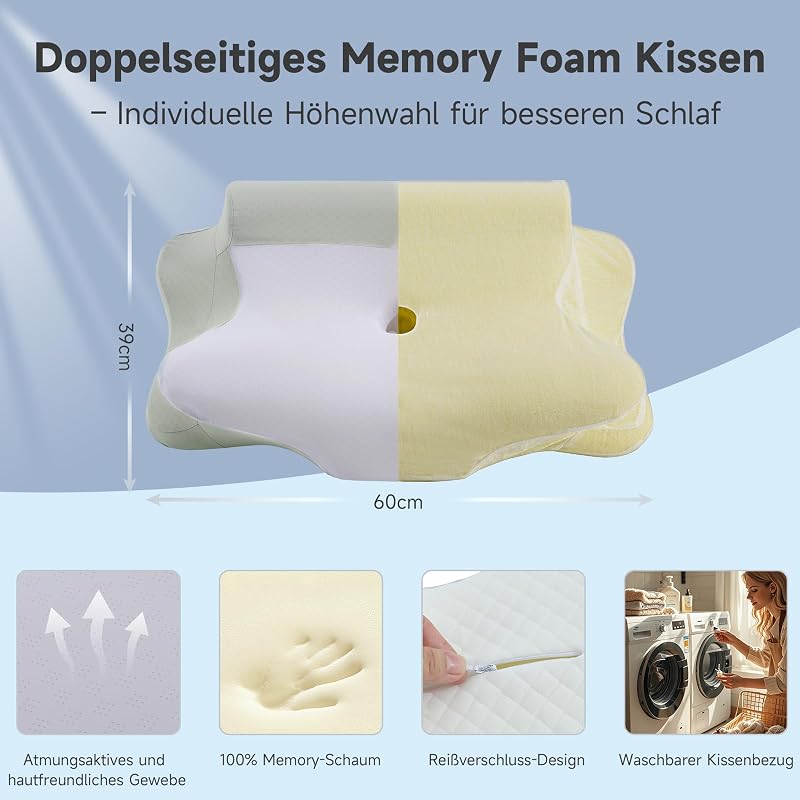 Almofada cervical e de pescoço, confortável e ergonómica, almofada ergonómica para dormir de lado, costas e abdómen, (39 * 60 * 10/12cm)