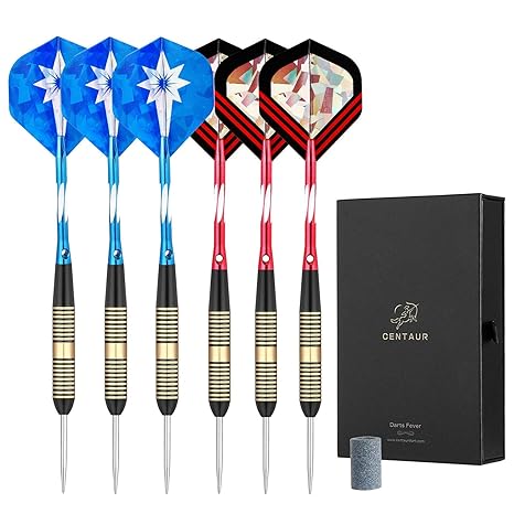 Centaur Steeldarts Set, 6 Stück Dartpfeile mit Metallspitze Profi Steel Darts 21 g mit Aluminium-schäften Und 2 Style Flights