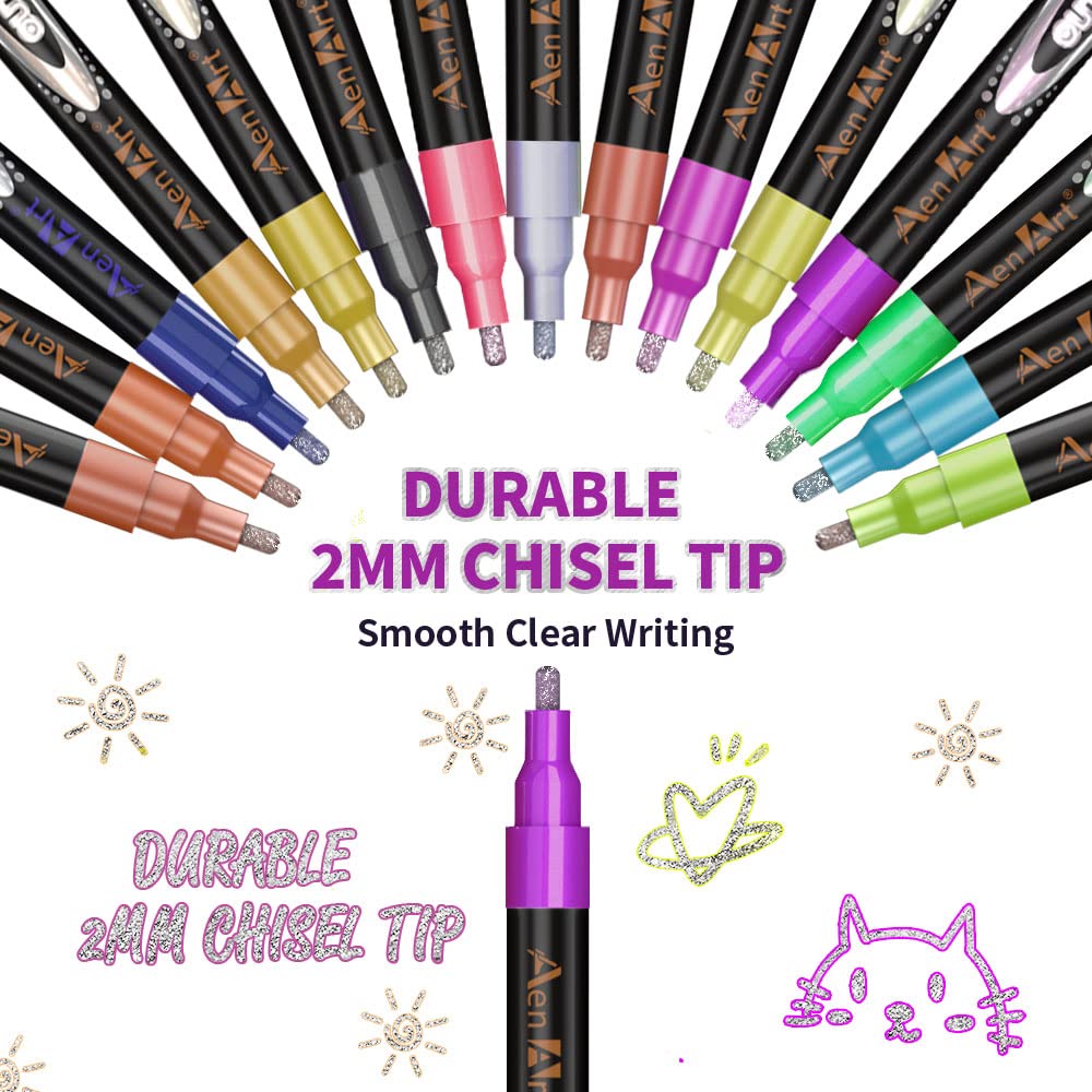 Aen Art Double Line Pens, 26 Colors Shimmer Outline Marker, Self-Outline Metallic Pen Art Supplies for Teen Girl Birthday Gifts