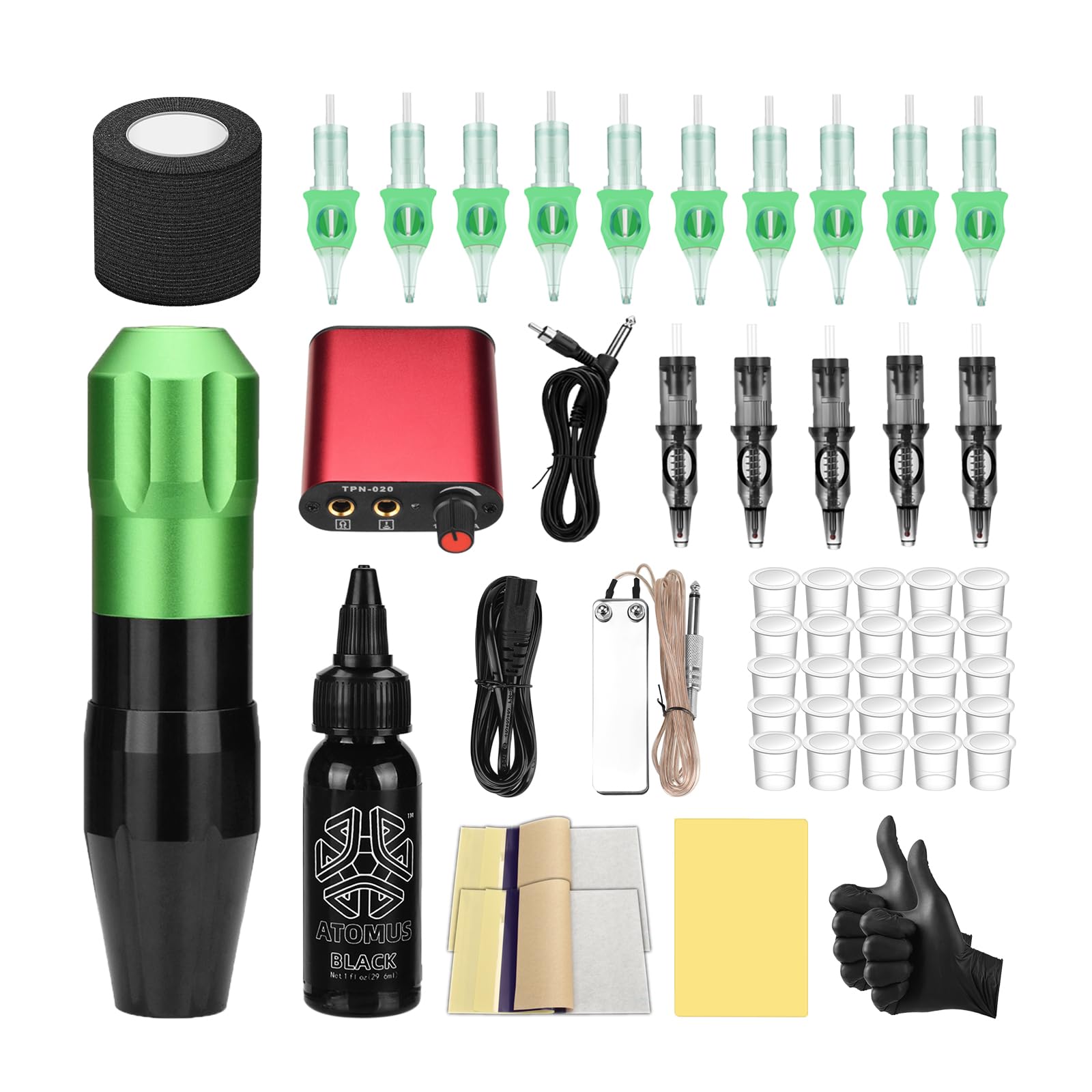 ATOMUS Green Tattoo Pen Kit Cartridge Rotary Complete Professional Tattoo Machine for Beginners(AT02)