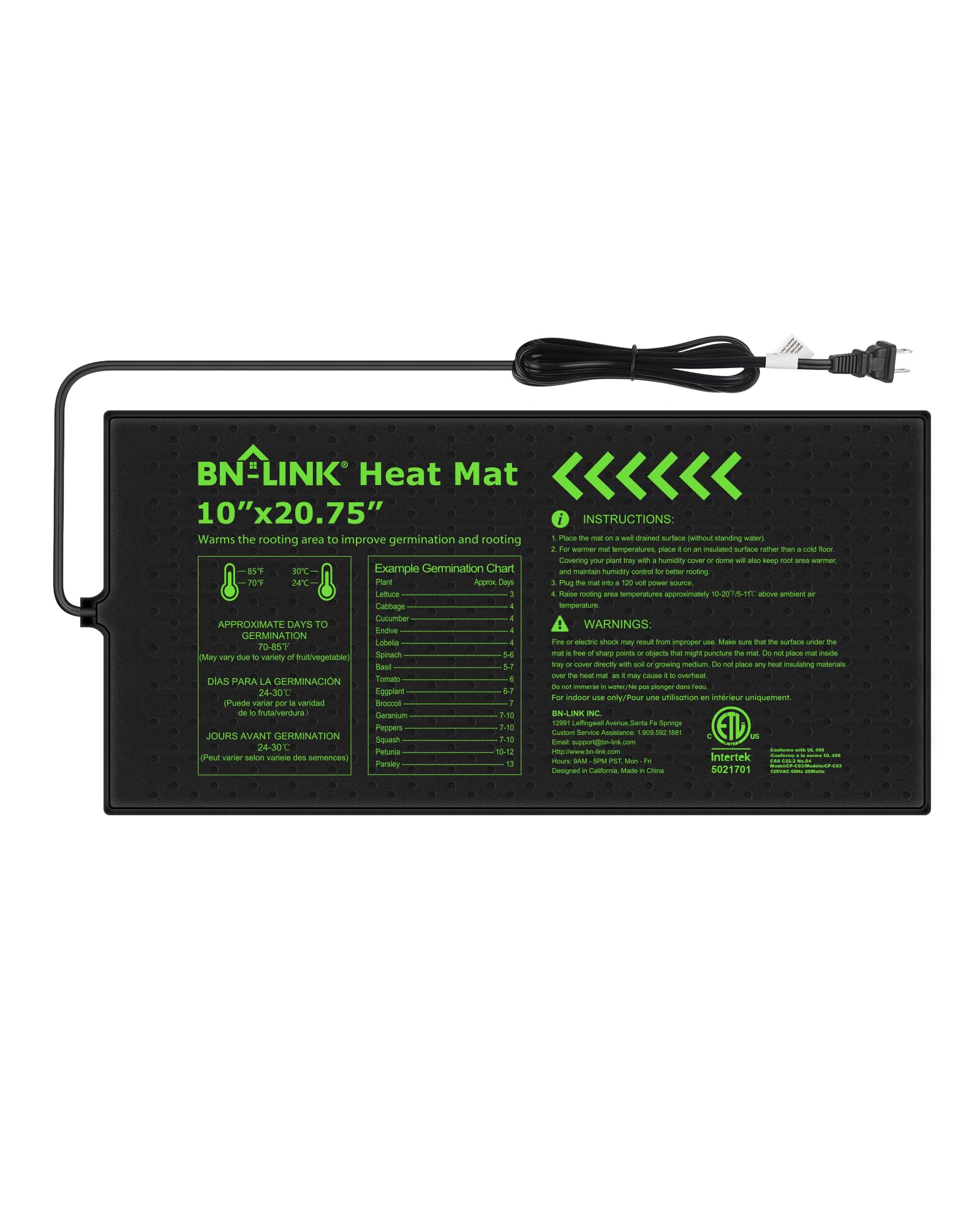 Photo 1 of BN-LINK Durable Seedling Heat Mat for Seed Starting 10" x 20.75", Waterproof Warming Mat Plant Heating Pad for Seed Germination, Indoor Growing, Hydroponic, Greenhouse, ETL Listed