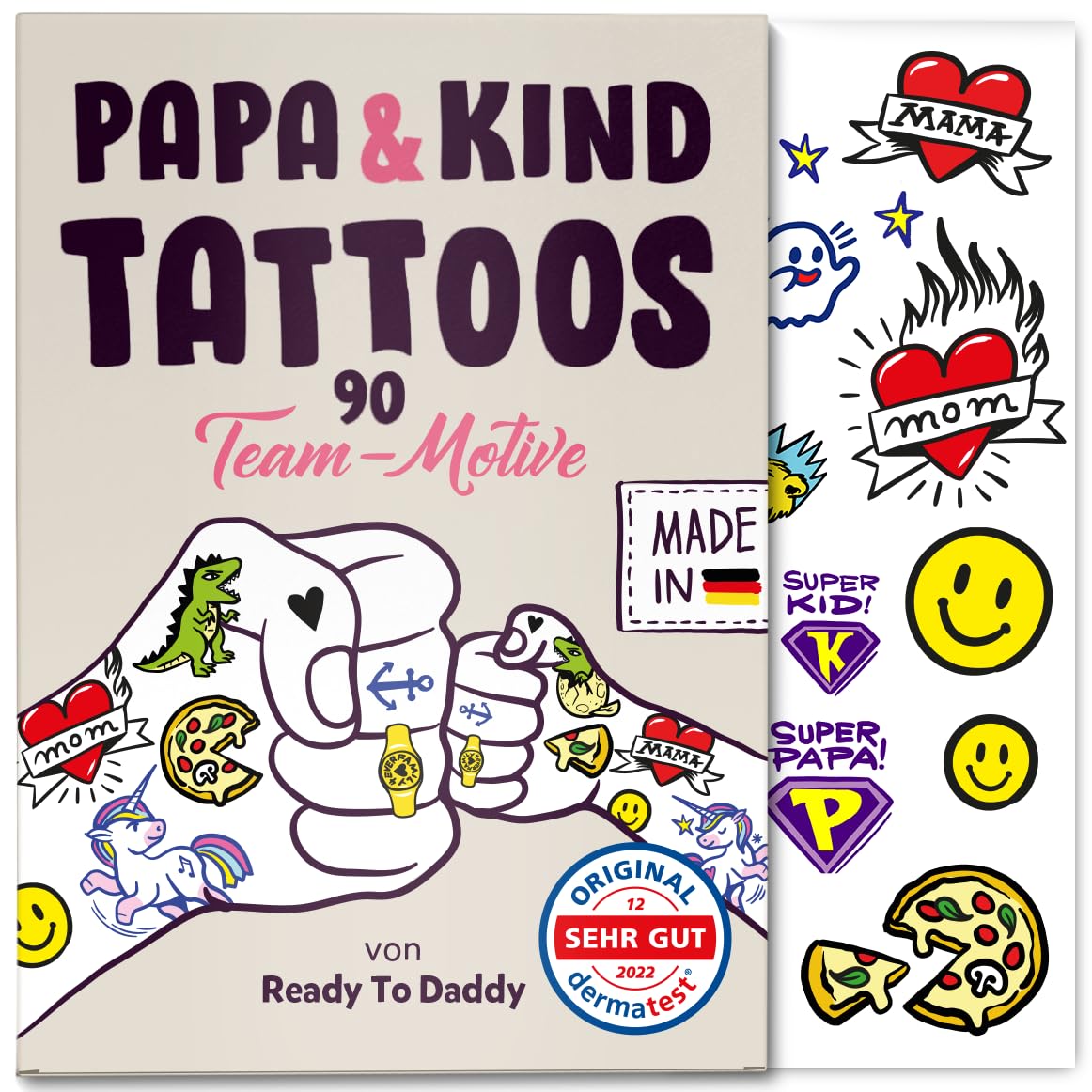 Ready to Daddy Papa & Kind Tattoos | 90 Cool Family Designs | Produced in Germany | DermaTest Verdict Very Good | Great Gift for Dads and Family