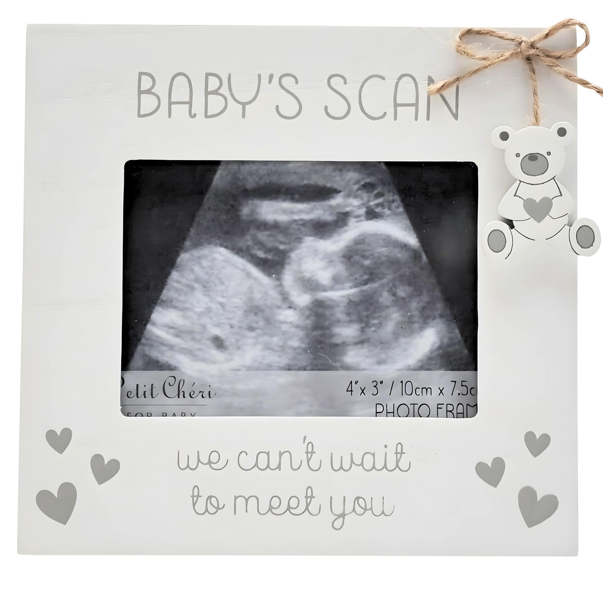Widdop Baby Scan Frame - White with Grey Hearts & Hanging Bear Charm - 'We Can't Wait To Meet You’ - 4" x 3"