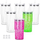 Maucircol 18 Oz Acrylic Snowglobe Tumbler, 6 Pack Pre-Drilled Double Wall Acrylic Clear Cup Coffee Mug for Glitter Snow Globe Diy