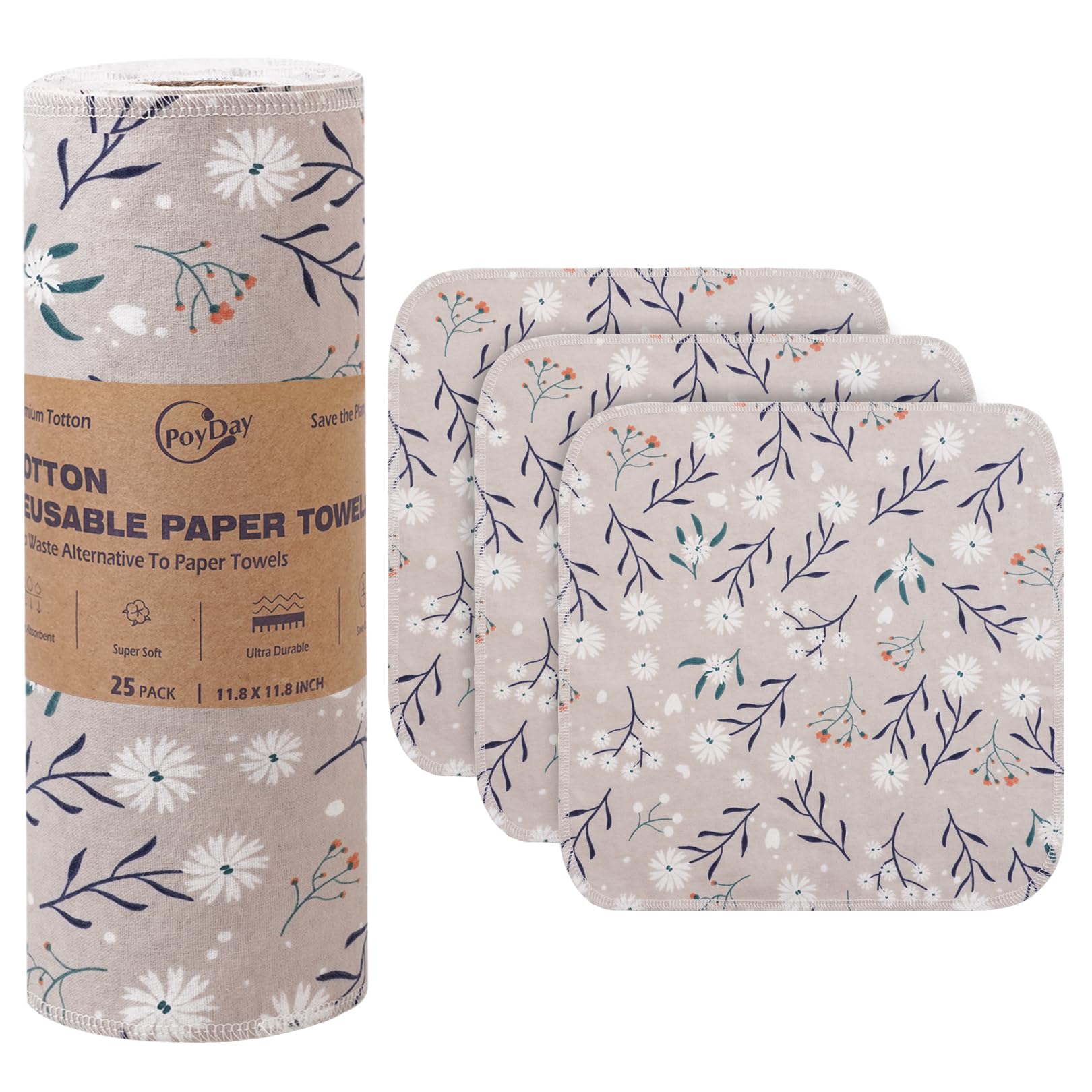Photo 1 of Poyday Paper Towels Washable Roll: 25Pack Cotton Cloth Paper Towels 11.8x11.8In Absorbent Soft Flannel Paperless Towels Alternative for Kitchen Reusable Napkins Zero Waste (Flower, Large)