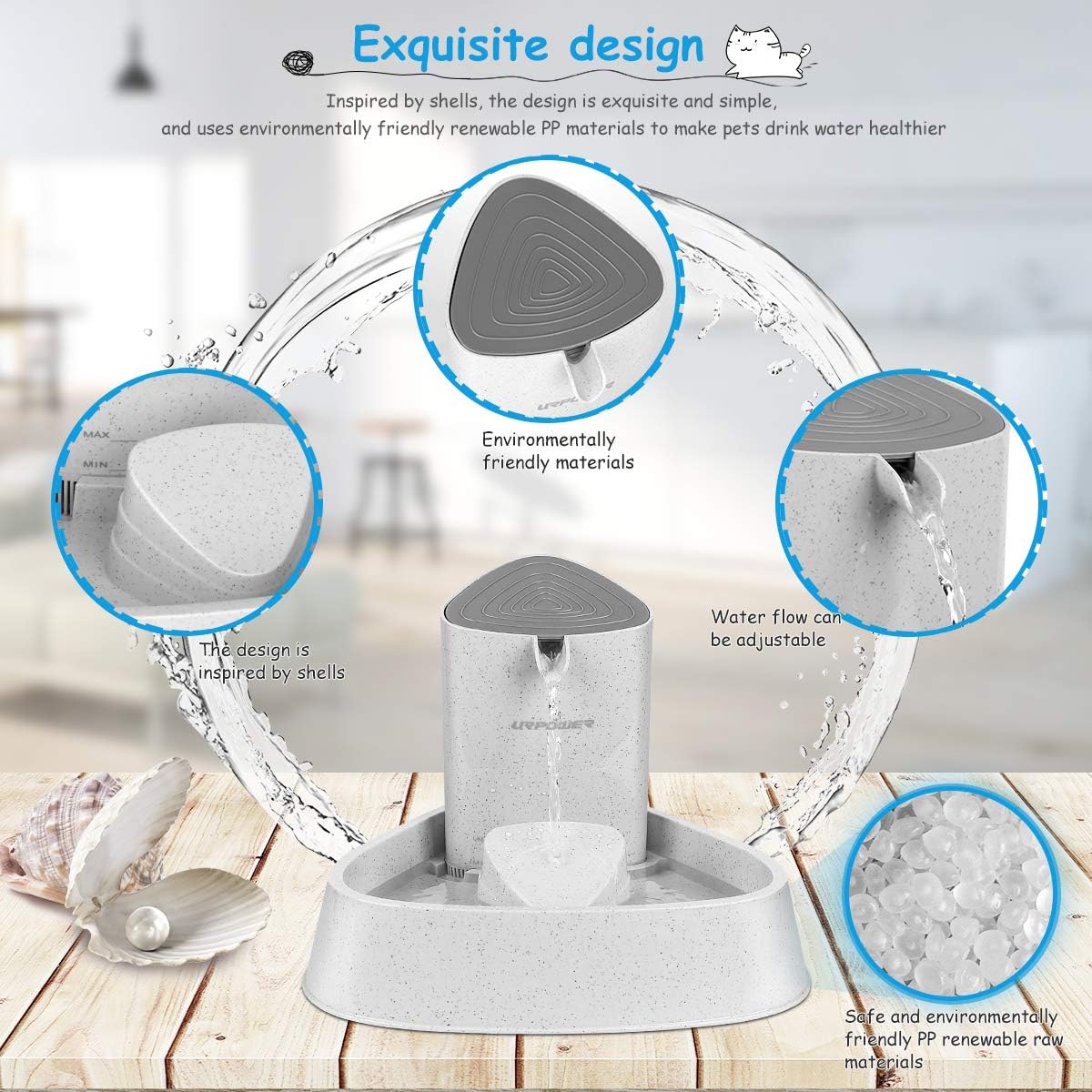 URPOWER Pet Fountain, Upgraded Automatic Cat Fountain Dog Water Fountain Cat Water Dispenser, Adjustable Water Flow Setting Drinking Fountain Cat Bowl for Cats, Dogs, Pets(Gray) : Pet Supplies