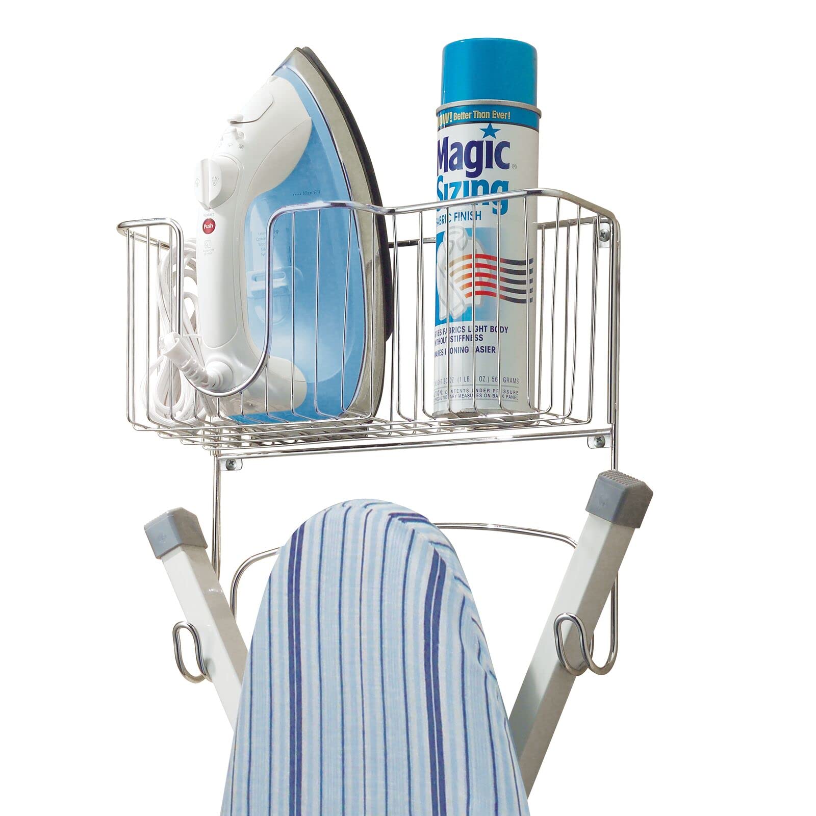 mDesign Wall Mounted Ironing Board Holder - Steel Ironing Board Rack for Easy Organisation - includes Basket for Iron Storage - Chrome Finish