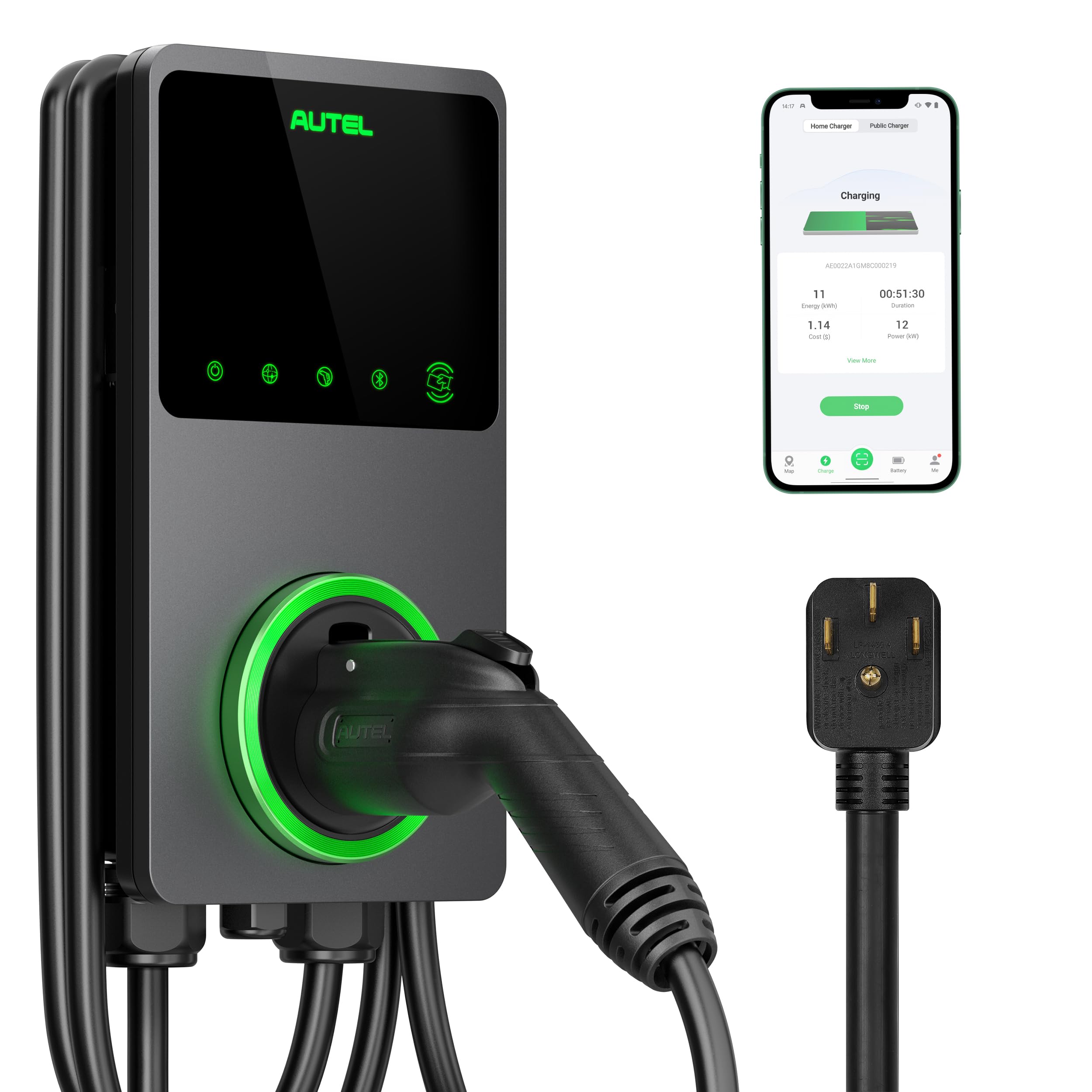 Autel MaxiCharger Home Smart AI Electric Vehicle (EV) Charger, 40 Amp Level 2 Wi-Fi and Bluetooth Enabled EVSE, Indoor/Outdoor Car Charging Station, with in-Body Holster and 25-Foot Cable（14-50 Plug）