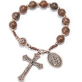 Nazareth Store Wood Beads One Decade Rosary Handmade Pocket Car Mirror with Saint Medal and Jesus Cross in Antique Bronze Wooden Travel Friendly Rosary