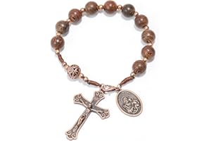 Nazareth Store Wood Beads One Decade Rosary Handmade Pocket Car Mirror with Saint Medal and Jesus Cross in Antique Bronze Wooden Travel Friendly Rosary