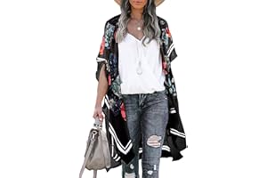 Chunoy Women Floral Print Lightweight Chiffon Kimono Cardigan Short Sleeve Loose Beach Wear Cover Up Blouse Top