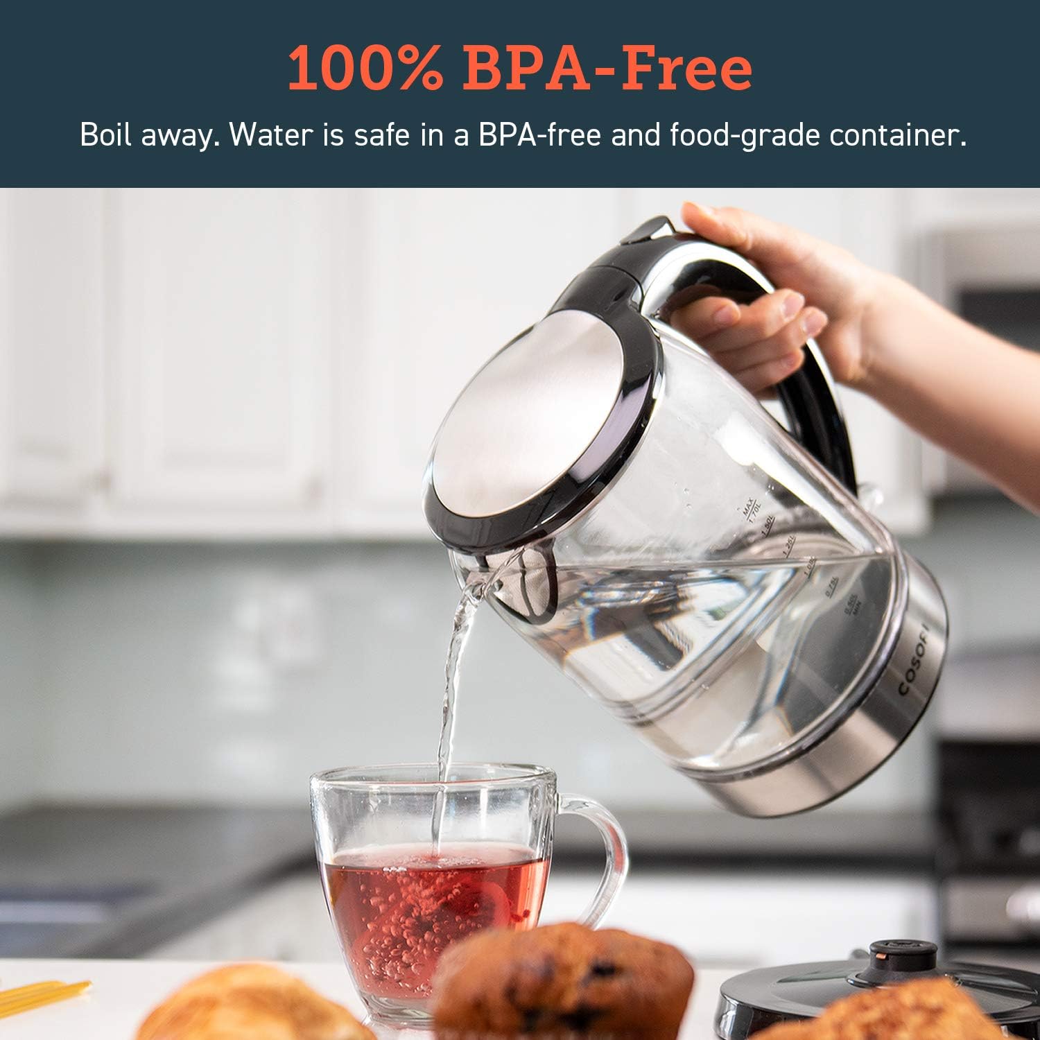 COSORI Electric Kettle Glass Hot Water Boiler & Tea Heater with LED Indicator Inner Lid & Bottom, Auto Shut-Off&Boil-Dry Protection, BPA Free, 1.7L, Black: Kitchen & Dining