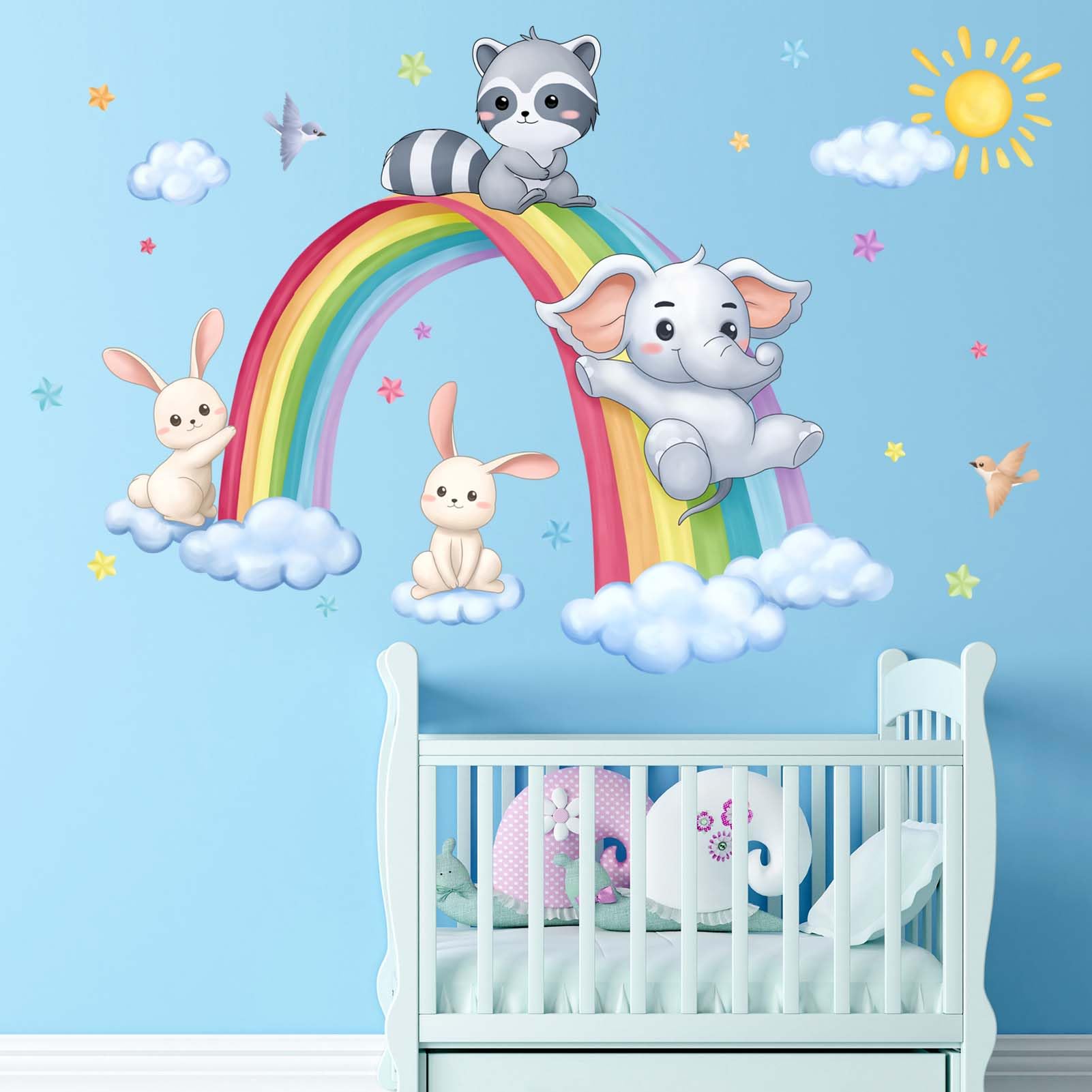 PinkEleph Rainbow Animal Wall Stickers - Elephant Rabbit Raccoon Wall Decals - Baby Nursery Kids Boy Girls Room Daycare Playroom Classroom Wall Decor