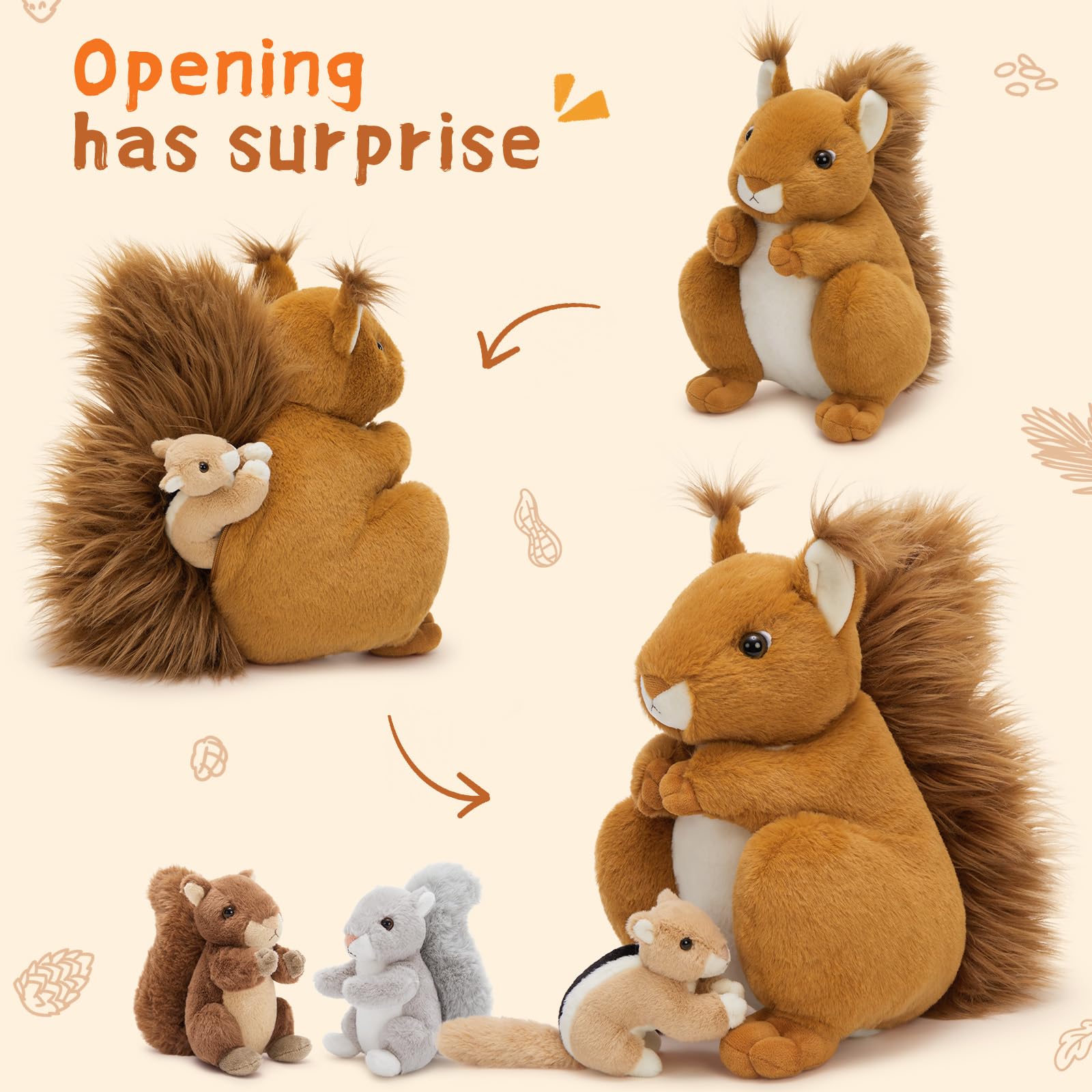 MorisMos 4 stücke Eichhörnchen Kuscheltier XXL Set, 35cm hoch riesen eichhörnchen Kuscheltier mit Babys im Bauch, Groß Squirrel Plüschtier Stofftier Geschenk Kinder 3