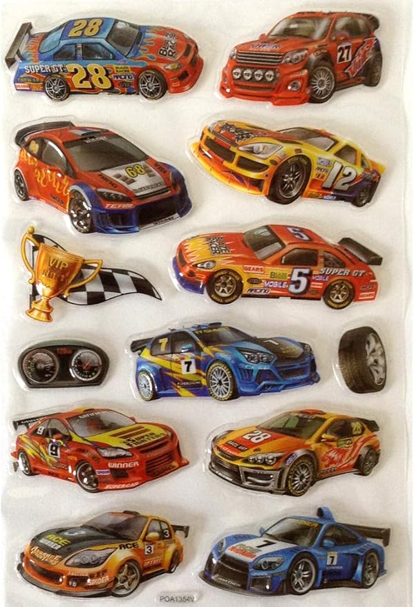 10 Designed Puffy Dimensional 3D Race Cars Stickers Kids Great As