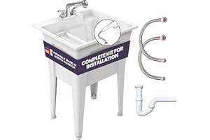 Freestanding Utility Sink with Two Handle Chrome Faucet - 24" Plastic Utility Sink for Garage, Laundry, Indoor and Oudoor Use