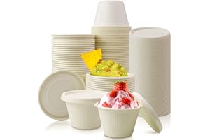 Vmiapxo 100 Pack 4oz Disposable Paper Cups with Lids, Small Ice Cream Cups, 4 Ounce Natural Bagasse Fiber Recycleable Paper Bowls for Portion Condiments, Sauce, Souffle