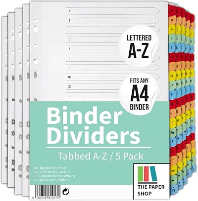 [Brand] [5 Pack] A4 File Dividers A-Z Tabs 150gsm Multipunched Reinforced