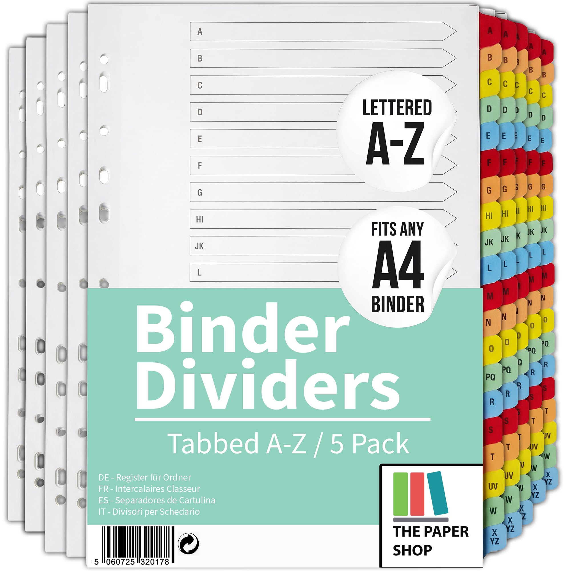 [5 Pack] A4 File Dividers A-Z Tabs | A4 Alphabetical Subject Dividers A-Z with Multipunched Reinforced Colour Tabs 150gsm