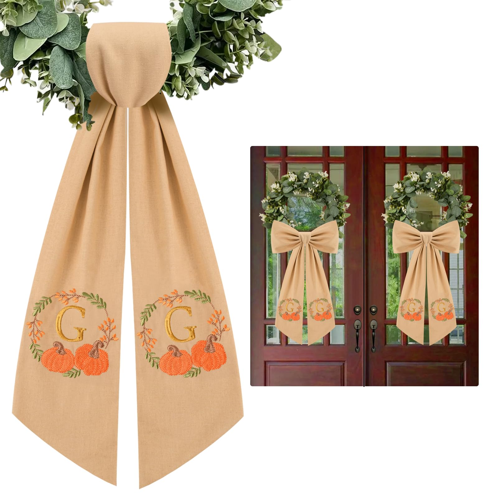 Photo 1 of 2 Pcs Fall Wreath Sash for Front Door Embroidery Monogram Pumpkin Ribbon Sash for Fall Thansgiving Yard Porch Decor (Letter G)