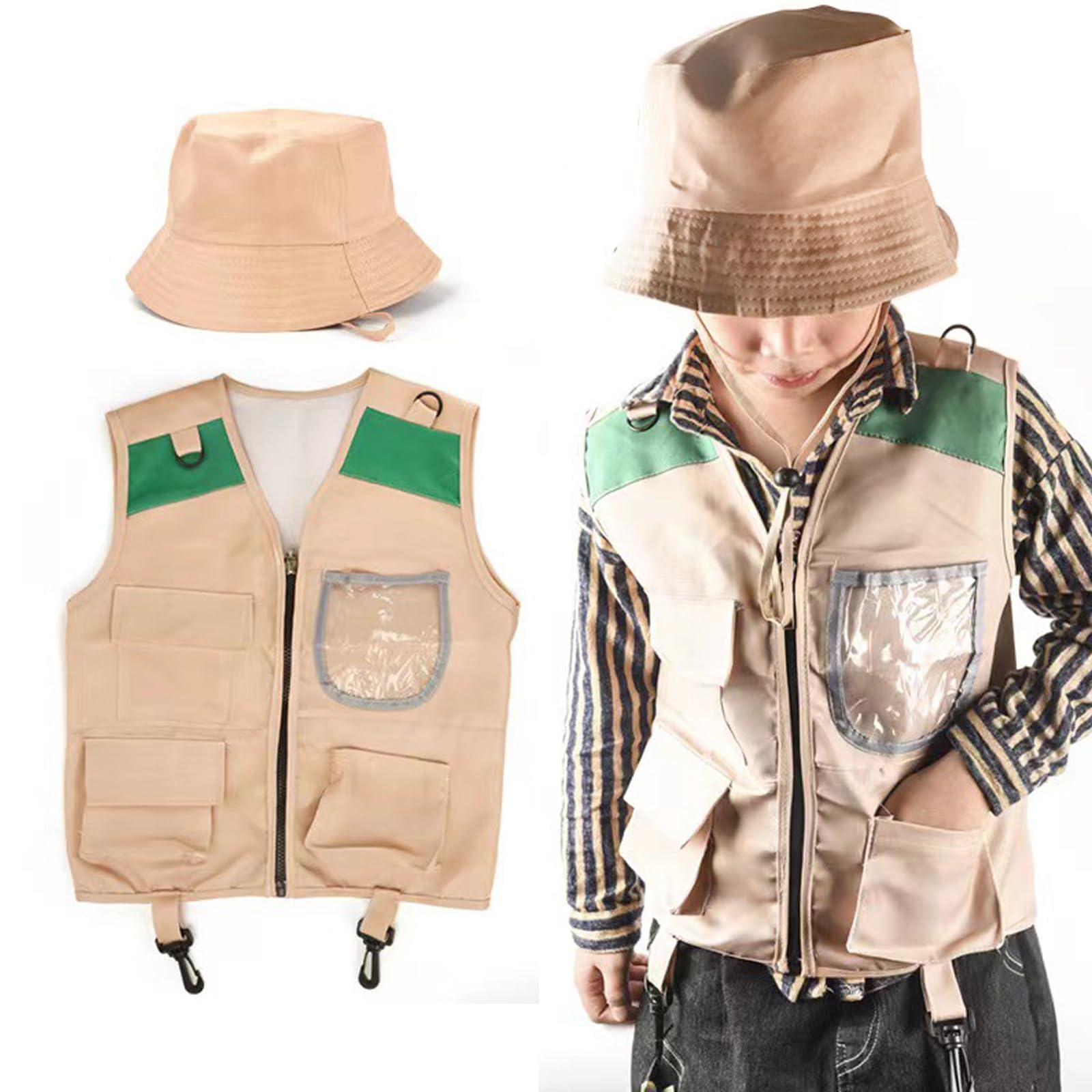 Fadcaer Kids Explorer Vest and Hat Costume,Explorer Costume Kids Explorer Costume Kit Safari Vest and Hat,Backyard Adventure Kit for 3-8 Years Kids Girls Boys Outdoor Adventures Role Play (Apricot)
