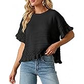 RPYHF Womens Summer Ruffled Short Sleeve Crochet Blouse Sweater Casual Round Neck Ruffle Knit Pullover Sweaters