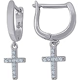 Sterling Silver Unisex Cubic-Zirconia Cross Religious Dangle Hoop Earrings