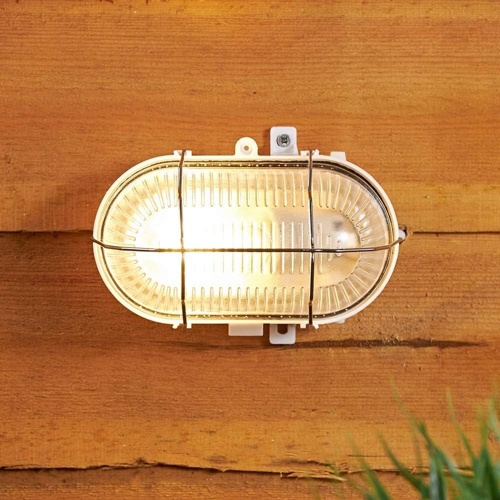 CGC Lighting White Oval Cage Glass Metal Wall Ceiling Light Bulkhead Weatherproof Indoor Outdoor Garden Porch Garage Patio Waterproof
