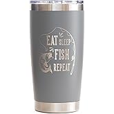 Eat Sleep Fish 20oz Stainless Steel Tumbler with Lid (Grey), Fishing Travel Mugs for Men, for Him