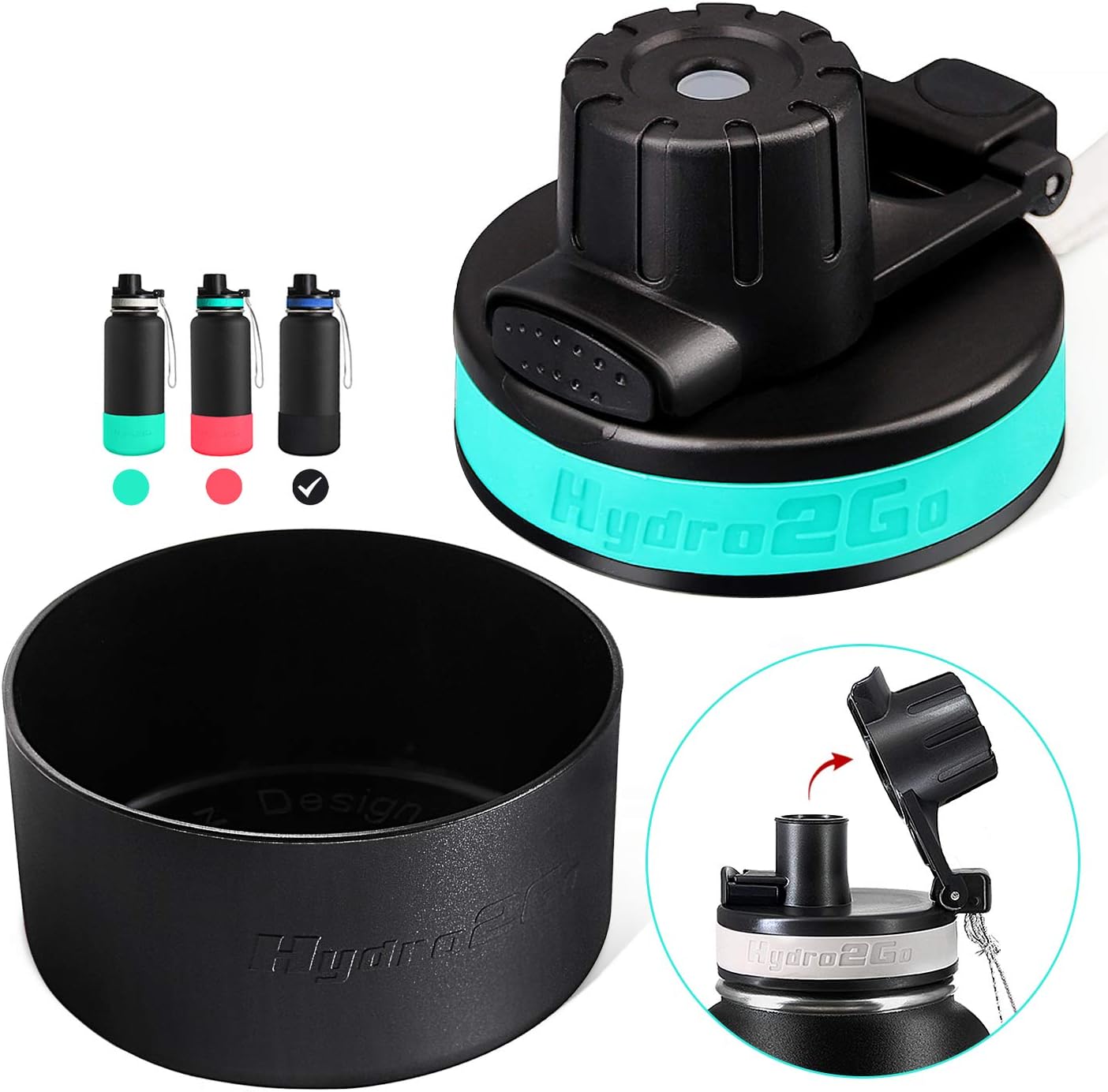 Auto Flip Lid & Silicone Protective Boot Replacement for Hydro Flask Wide Mouth 32 oz, 40 oz Sport Bottle, Bottom Sleeve Cover & Top Cap Flex Accessories for Hydroflask.