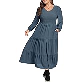 Hanna Nikole Women Plus Size Fall Dresses Long Sleeve V Neck Dress Maxi Casual Flowy Tiered 2025 Dress with Pockets
