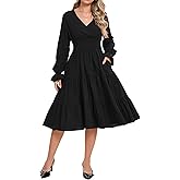 RuoRayVan Women's 2026 Spring Dresses Long Puff Sleeve Crew Neck A Line Elastic Wasit Embroidery Formal Casual Midi Dress