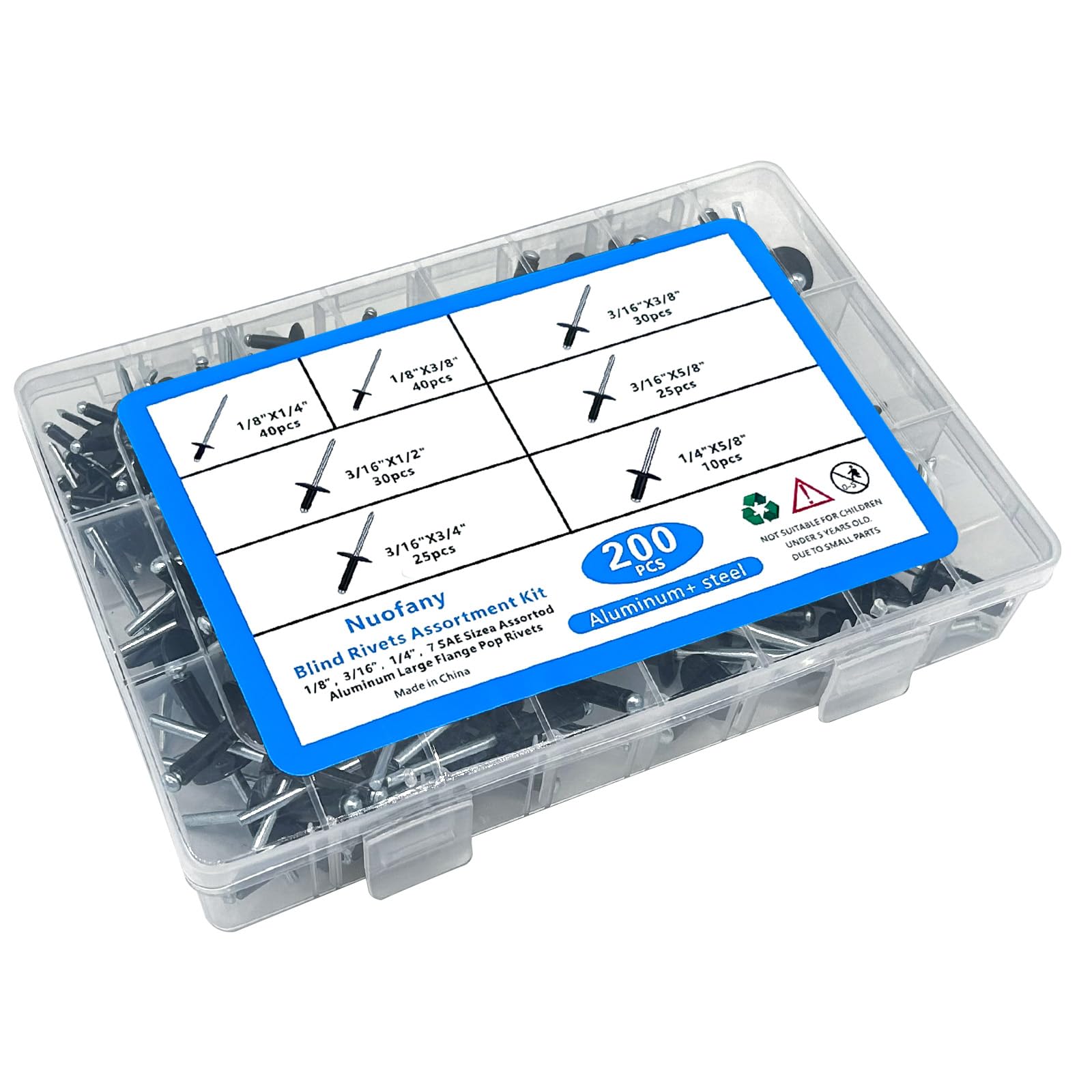 200PCS Black Rivets Pop Rivets Assortment Kit,7 Sizes Aluminum Blind Rivets Rivets(1/8" 3/16" 1/4") Assorted Blind Rivets