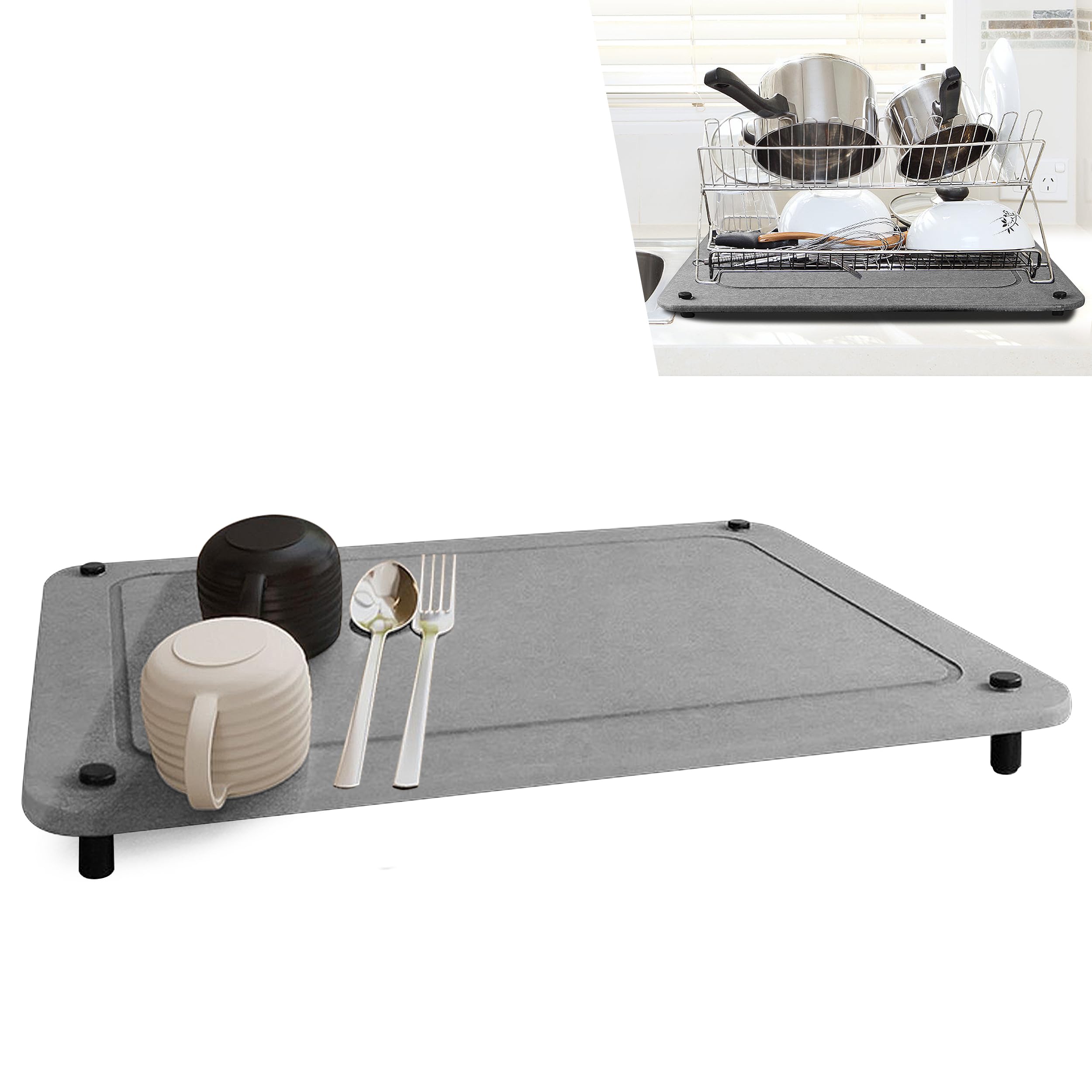 OUGPIU Stone Drying Mat for Kitchen Counter,Ultra Absorbent,40 * 30cm Non-Slip Diatomite Dish Drying Mat,Heat-Resistant Eco-Friendly Diatomaceous Earth Mat,Stainless Steel Feet Kitchen Draining Mat