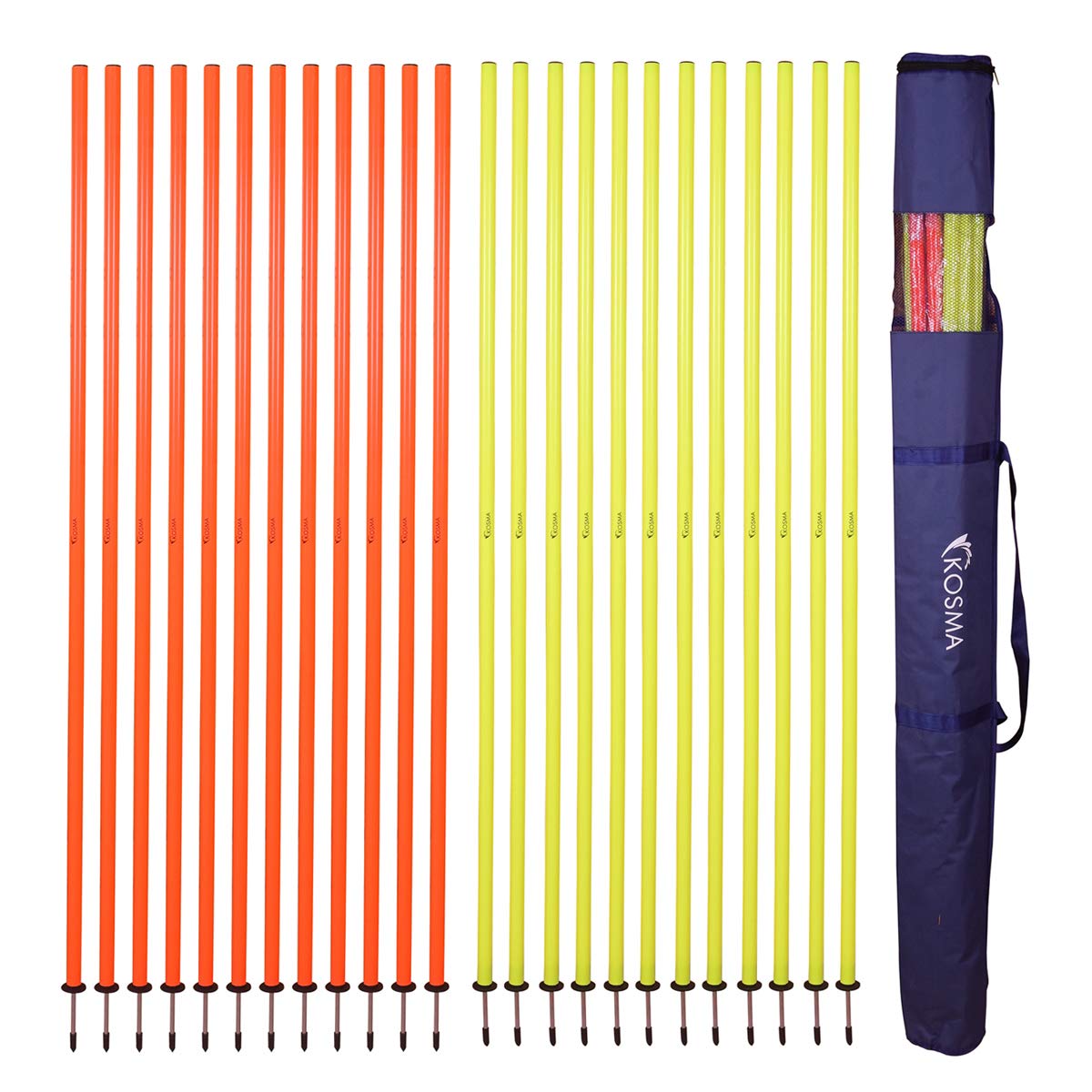 Kosma Pack of 24Pc Speed Training Slalom Poles 5ft x 25mm with detachable spike in Carry Bag - (12 Yellow & 12 Orange)| Agility Football Training Posts