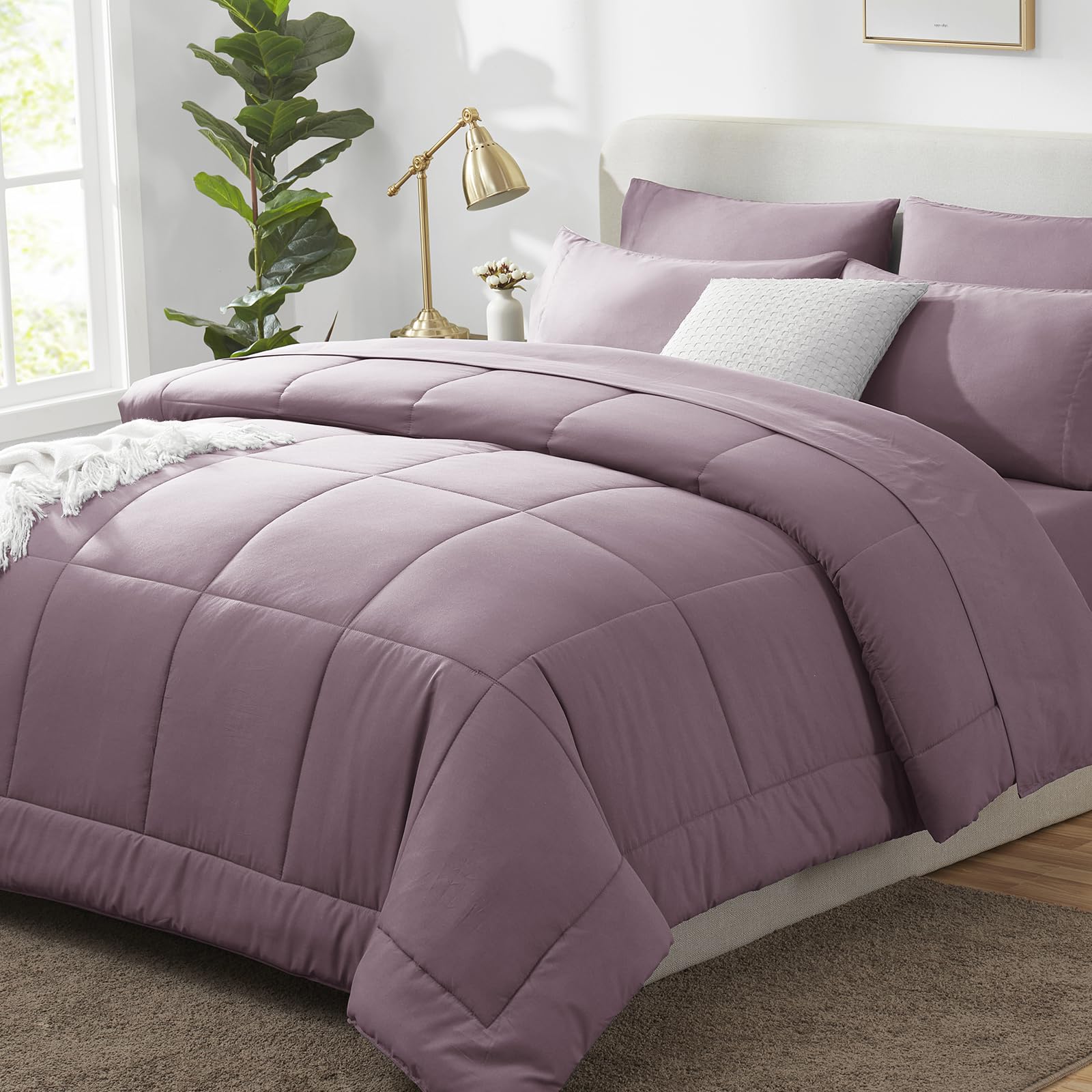 CozyLux Queen Comforter Set Dusty Purple, 7 Pieces Bed in a Bag, Grayish Purple Comforters Queen Size, Bedding Set with All Season Quilted Comforter, Flat Sheet, Fitted Sheet, Pillowcases Image