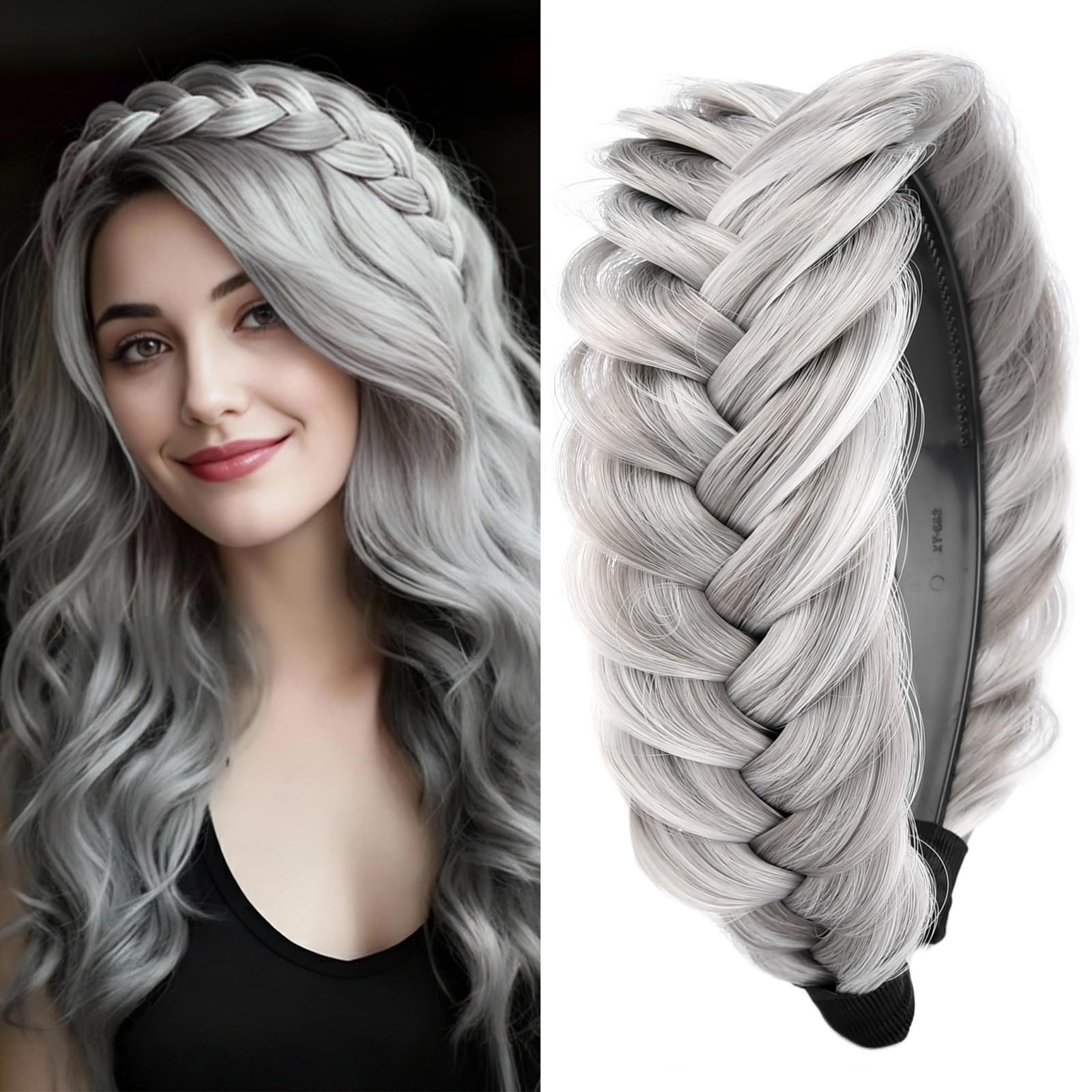 GLEDOLA Wide Messy Braided Headband with Teeth Synthetic Hair Plaited Headband High Elasticity Braids Chunky Fishtail Braided Hair Band Hairpiece for Girls Women (Smoky Gray) — image 1
