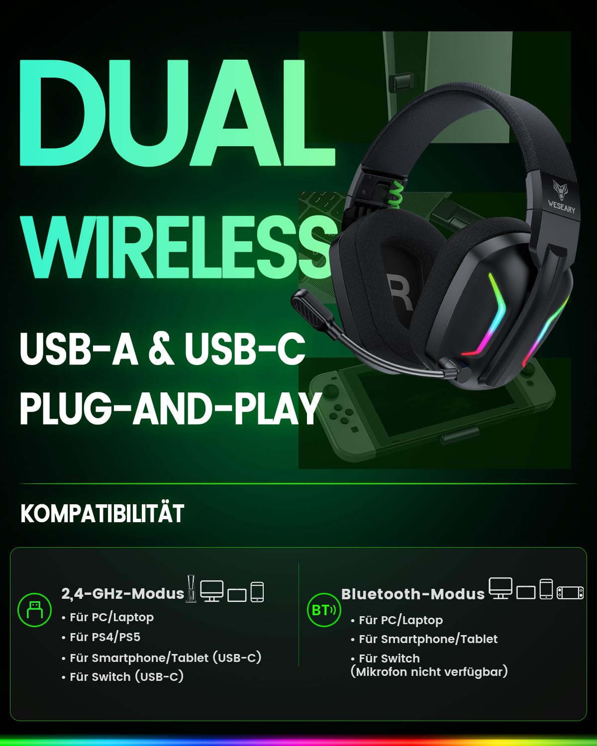 WESEARY Gaming Headset Wireless mit Mikrofon für PS5 PS4 PC Switch Handy 4
