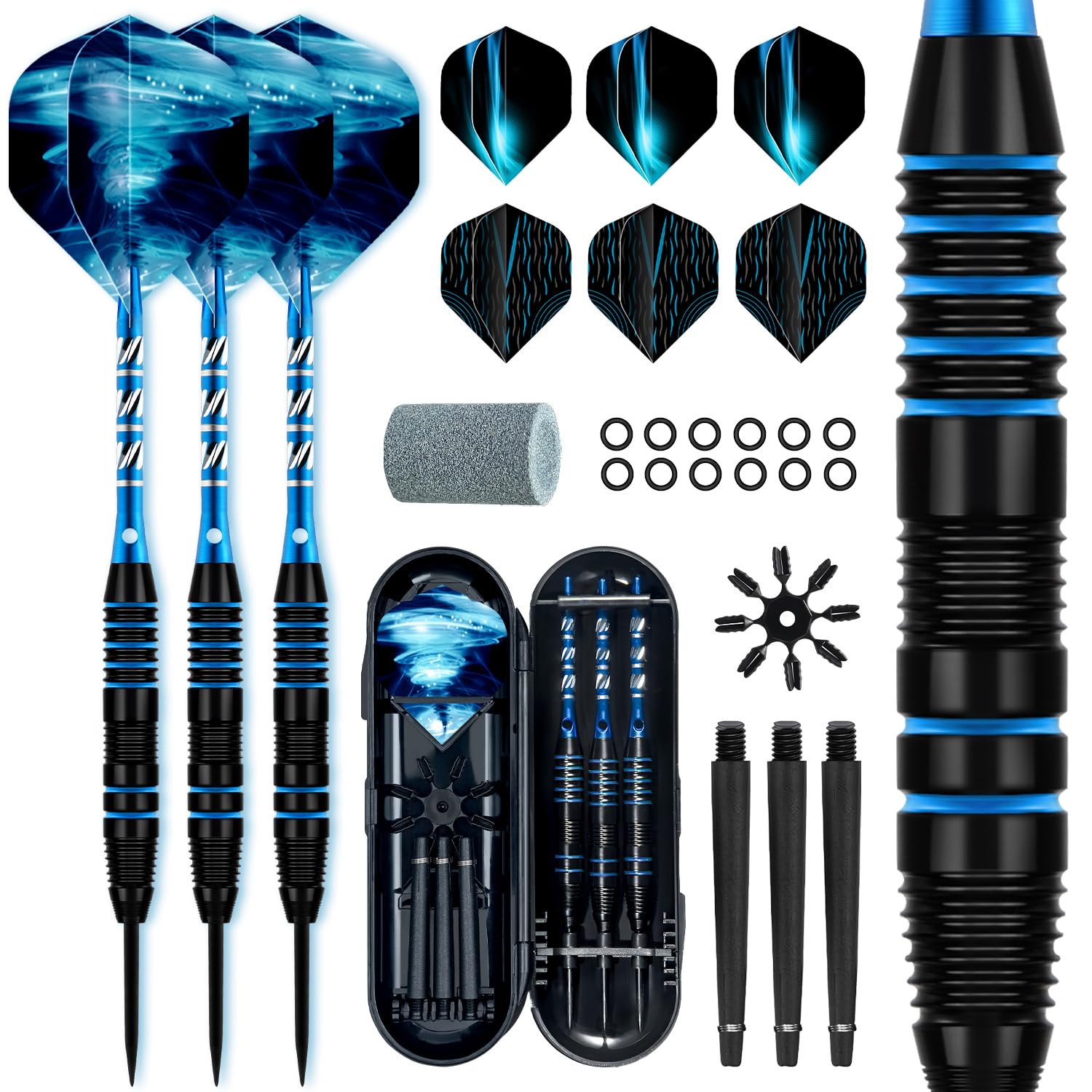 XAWU 3 Pack Steel Tip Darts Set with Case Professional Darts Set 22g with 9 Dart Flights 3 Aluminum Shafts 3 Spare Shafts 1 Dart Sharpener 12 Rubber O-Rings Flight Protector
