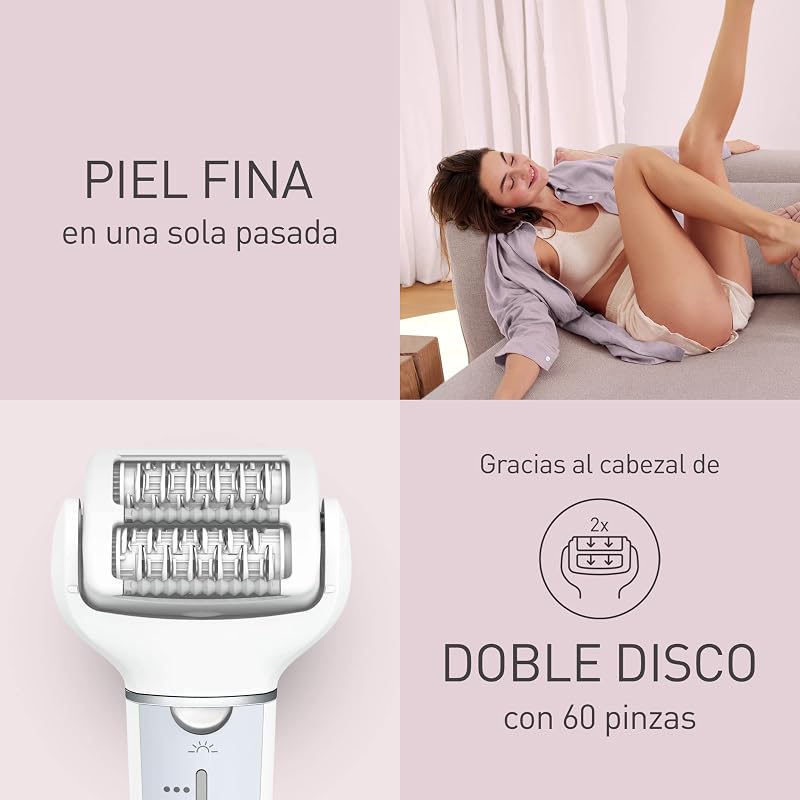 ES-EY90-A503 Húmedo y Seco Depiladora, Doble Disco con 60 Pinzas, Flexible 90º Pivotante Cabeza, 3 velocidad Ajustes, LED Luz, 30 Min de Operación, Cabeza para Cuidado Pies, Cabeza Afeitado