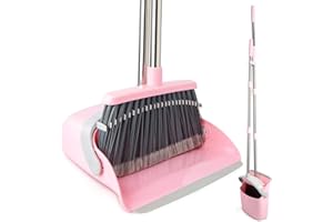 OOOFLOWER Broom and Dustpan Combo Set, Long Handle and Standing Dust Pan with Comb Teeth, Efficient Floor Cleaning for Kitchen, Outdoor, Dorm, Apartment, Office Lobby (Pink Gray)