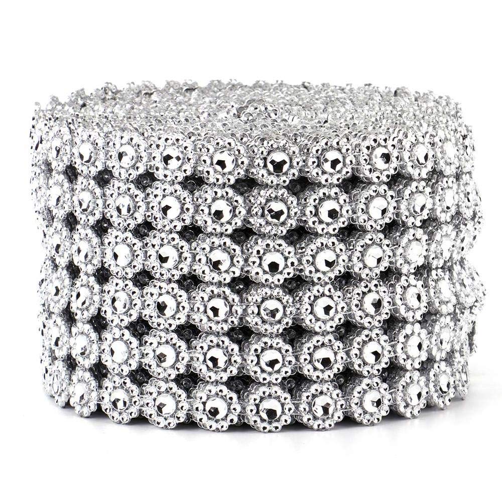 Bestenrose Rhinestone Flower Diamond Mesh Wrap Roll Faux Crystal Rhinestone Ribbon for Wedding Birthday Decorations Arts Crafts 6 Rows 10 Yard/Roll (Silver)