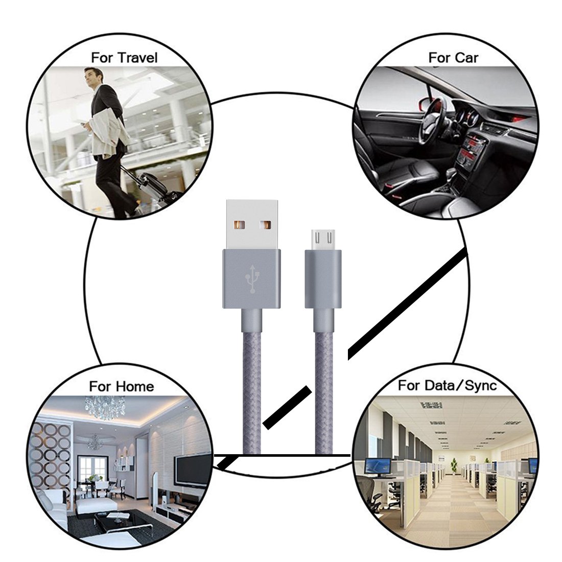 JH-LI Micro USB Cables, 3pack 6ft High Speed USB 2.0 to USB Charging Cables Premium Durable Nylon Braided Cable for Samsung, Nexus, LG, Motorola, Android Smartphones and More, Grey