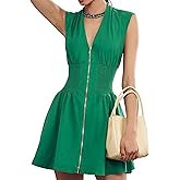 Meyhad Women’s V Neck Summer Dress Cap Sleeve Zipper Mini Dress Smocked Slit Dress with Pockets
