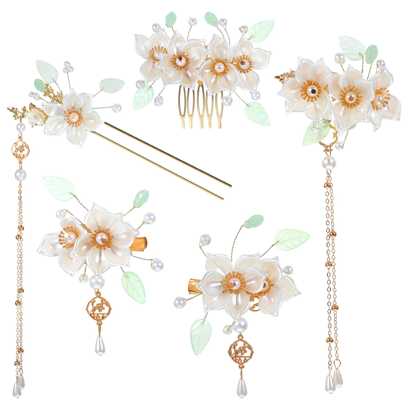 View 1 of 5 PCS Camellia Flower Tassels Hairpin, Chinese Hanfu Crystal Rhinestone Pearl Hair Clips, Retro Wedding Brides Hair Accessories for Women Girls Updo Long Hair