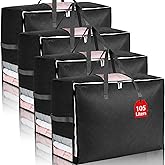 4Pack 105L Extra Large Blanket Comforter Storage Bags, Foldable Storage Bags for King Comforter Bedding Pillow Sheet Clothes with Handles Zippers Clear Window Closet Organizers and Storages, Black
