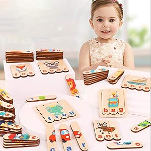 Matching Letter Game for Kids - See Spelling Educational Wooden Jigsaw Puzzle Toys Stocking Stuffer Preschool Montessori Christmas Xmas Gifts Present Toys for 3-8 Year Old Boys Girls-192 Pcs