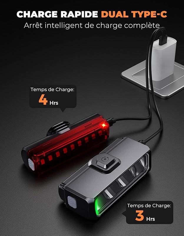 Lumiere Velo Avant et Arriere 1500LM Super Lumineux & Rayon Étendu